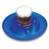 Image is a photograph of a blue, circular Buckingham Mug Holder tray with a glass of beer in the centre, on a white background