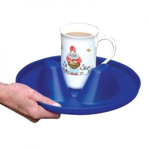 Image is a photograph of a blue, circular Buckingham Mug Holder tray with a mug of tea in the centre, on a white background