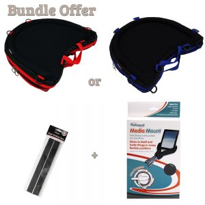 Image is a composite of several photographs of the Curve Connect in red, Curve Connect in blue, packet of hook tapes and packaging for the Media Mount. Image reads "Bundle offer, curve connect in red or blue, plus hook tapes and media mount"