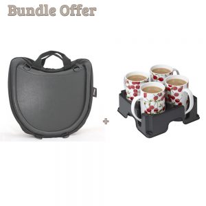 Image is a composite of two photographs, the Trabasack Curve and Muggi cup tray in black, carrying four cherry-print china mugs. Text reads "Bundle offer - Trabasack Curve and Muggi"