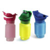 Image is a photograph showing three Uriwell portable toilets stood in a line, one in pink, one for children with a frog-headed lid, and one in blue