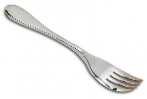 Image is a photograph of a stainless steel Knork knife and fork in one, on a white background