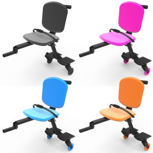 Image is a photograph showing the four colours (black, pink, blue, orange) available of the Skoe Hitch mobility scooter trailer for kids