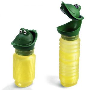 Image is a photograph that shows two yellow, frog-faced Happy Pees on a white background, with one Happy Pee compressed and small, the other expanded with the lid open