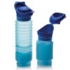 Image is a photograph that shows two blue Uriwells on a white background, with one compressed and small, the other expanded with the lid open