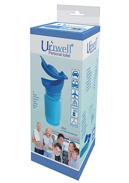 Image is a photograph of the packaging for the Uriwell travel urinal