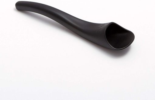 Image is a photograph of a black, standard-size S'up Spoon on a white background