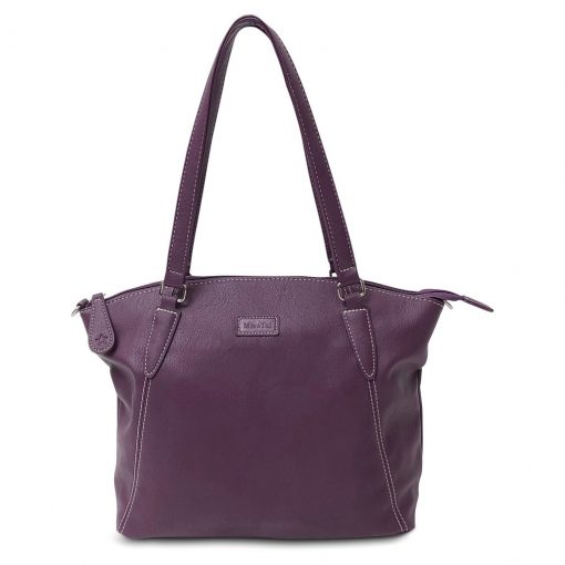 Image is a photograph of a Samantha Renke bag in a deep aubergine colour, on a white background