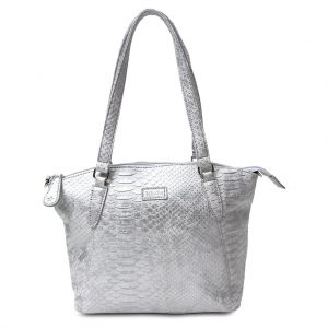 Image is a photograph of a Samantha Renke handbag in a textured crocodile-skin effect silver design, on a white background