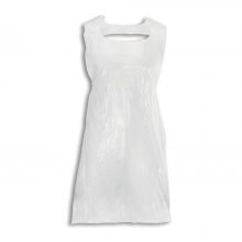 Image is a white polythene apron displayed as if fitted and tied around a person's body