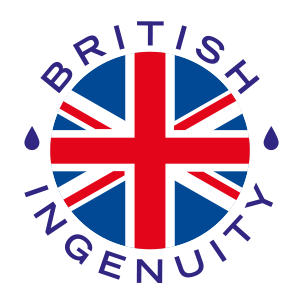 Image is a logo for Hydrate for Health which features a circular Union Flag in the centre, with text around it in a circle reading "BRITISH INGENUITY" punctuated by small, blue water drops