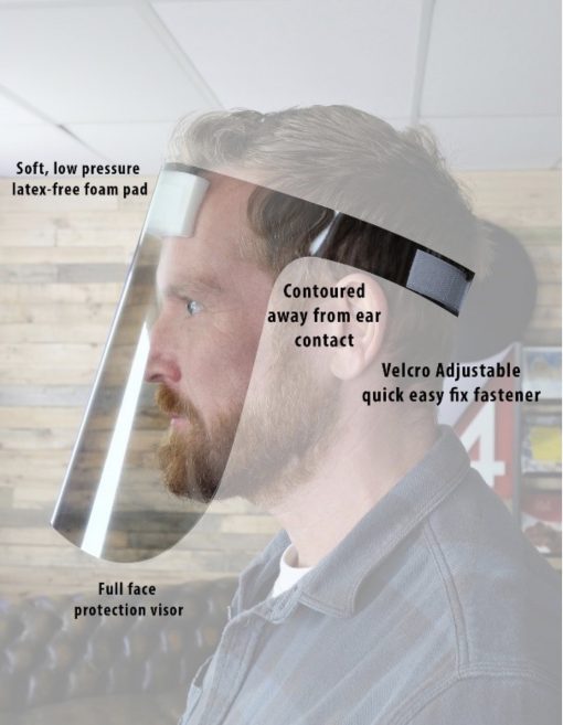 Image is a photograph of a bearded man in profile, wearing a transparent face visor. Text reads: "Soft, low pressure latex-free foam pad. Contoured away from ear contact. Velcro adjustable quick easy fix fastener. Full face protection visor."