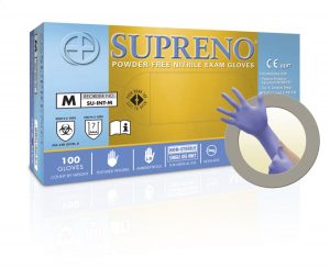 Image shows the packaging box for the Supreno medical exam glove, with a smaller image of two gloved hands