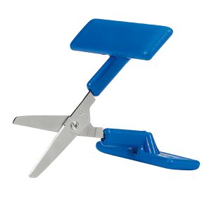 Image is a photograph of the Peta-UK table-top, push down scissors with large blue, push-down handles and rounded blade tips