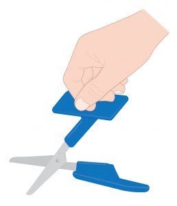 Image is an illustration of a clenched hand, using knuckles to apply pressure to the large t-shaped handle of the push-down Peta-UK Scissors