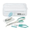Image shows a photograph of a pair of table-top nail clippers, long-reach toe nail clippers and small self-opening nail scissors on a white background, with a transparent, plastic zip-pouch behind them.