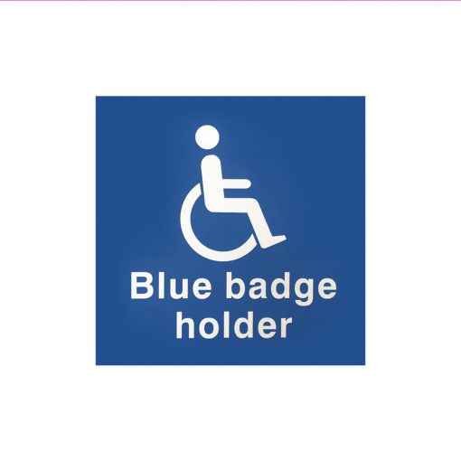 Image is a blue, square sticker featuring a disabled symbol in white with text which reads "Blue badge holder"